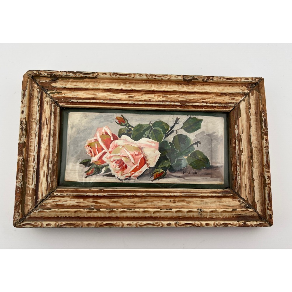 W. Greb Rose Painting Unisex 7x4.5 Pink Good Vintage Framed Floral Still Life